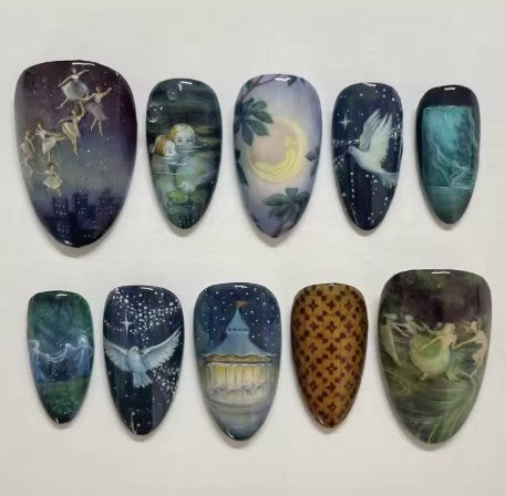 24PCS Sweet Cool Dark Almond False Nails Moonlight Patterns  with Drama Press on Nails Detachable Manicure Spice Girls