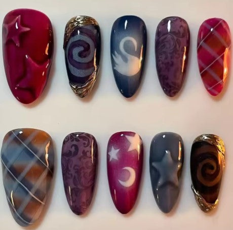 24PCS Sweet Cool Dark Almond False Nails Moonlight Patterns  with Drama Press on Nails Detachable Manicure Spice Girls