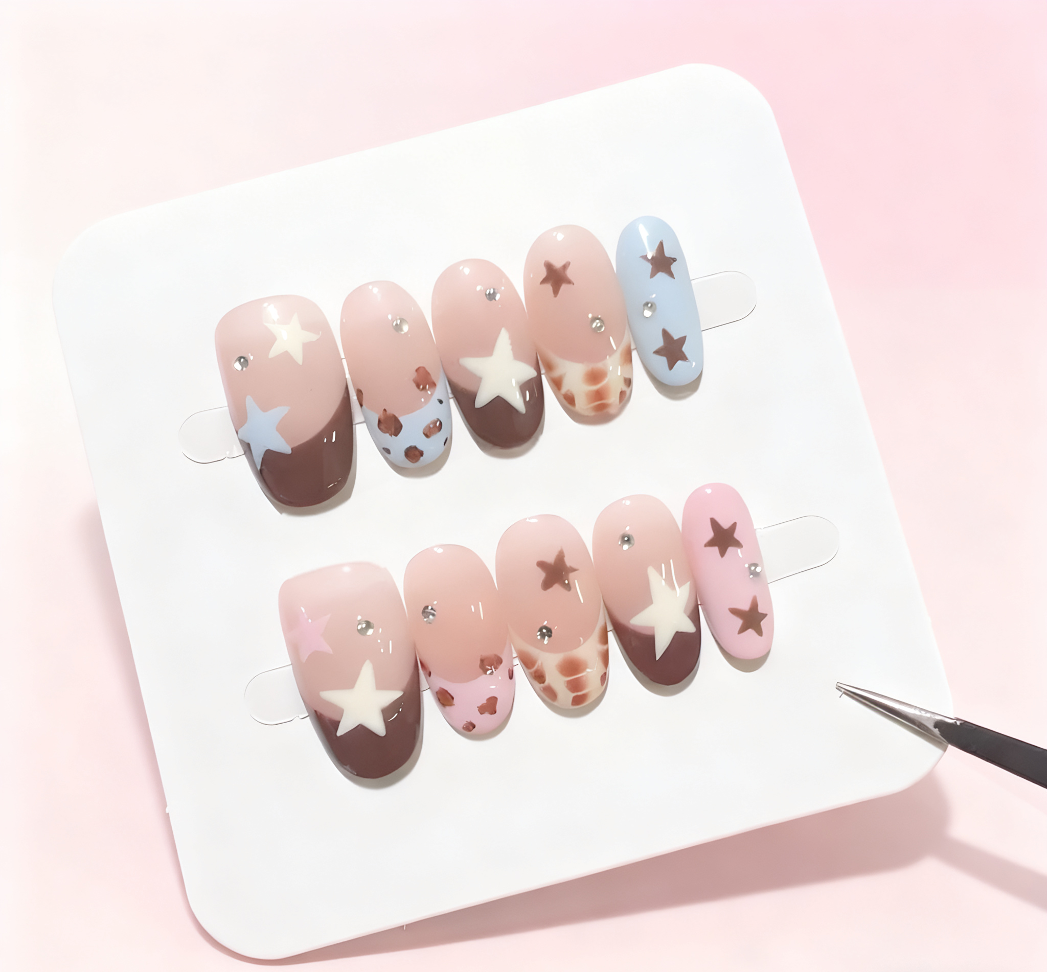 10PCS Brown Handmade False Nails Pink Leopard Print with Star Press on Nails Sweet Cool Ins Style