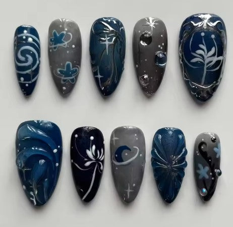 24PCS Sweet Cool Dark Almond False Nails Moonlight Patterns  with Drama Press on Nails Detachable Manicure Spice Girls