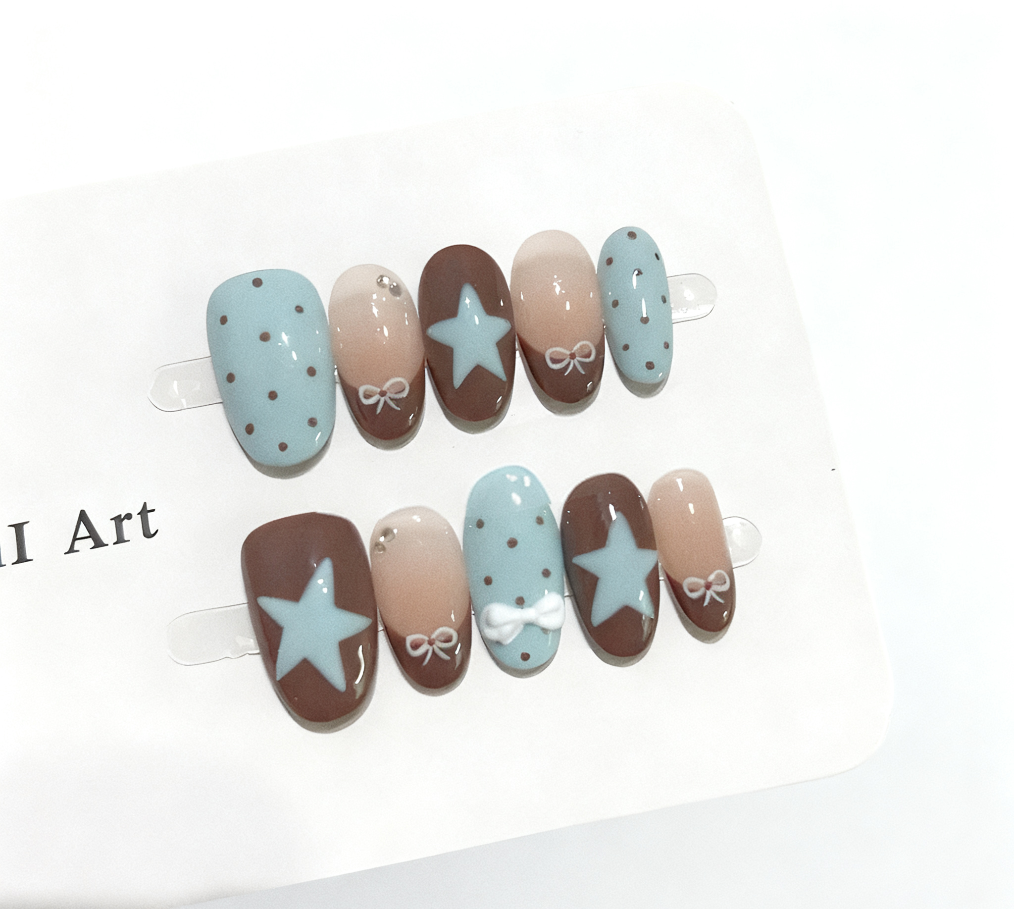 10PCS Brown Handmade False Nails Pink Leopard Print with Star Press on Nails Sweet Cool Ins Style
