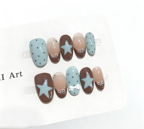 10PCS Brown Handmade False Nails Pink Leopard Print with Star Press on Nails Sweet Cool Ins Style