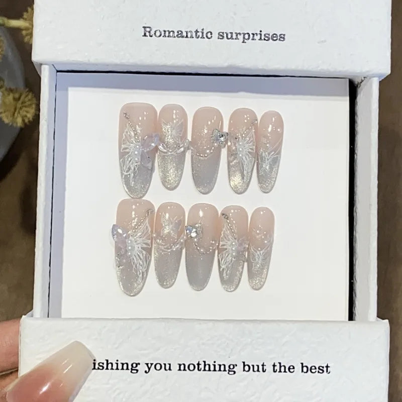 10PCS 3D Butterfly Handmade Oval Press on Nails Cat Eye Pink Gradient Glossy French Wearable Nails INS Style