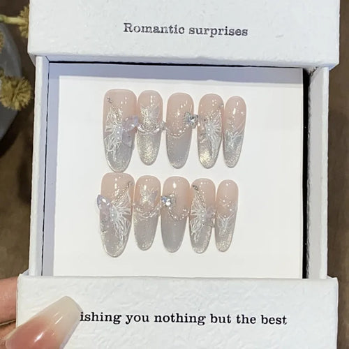 10PCS 3D Butterfly Handmade Oval Press on Nails Cat Eye Pink Gradient Glossy French Wearable Nails INS Style