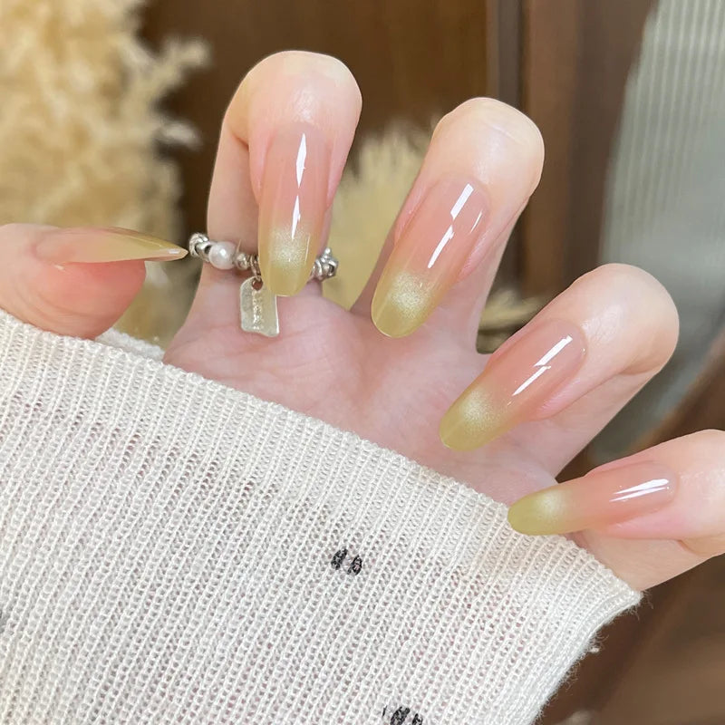 30PCS Green Gradient Handmade Almond Press on Nails Full Cover Simple Nude Color False Nails Glossy Nail Tips