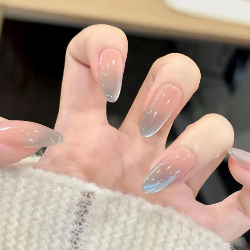 30PCS Green Gradient Handmade Almond Press on Nails Full Cover Simple Nude Color False Nails Glossy Nail Tips