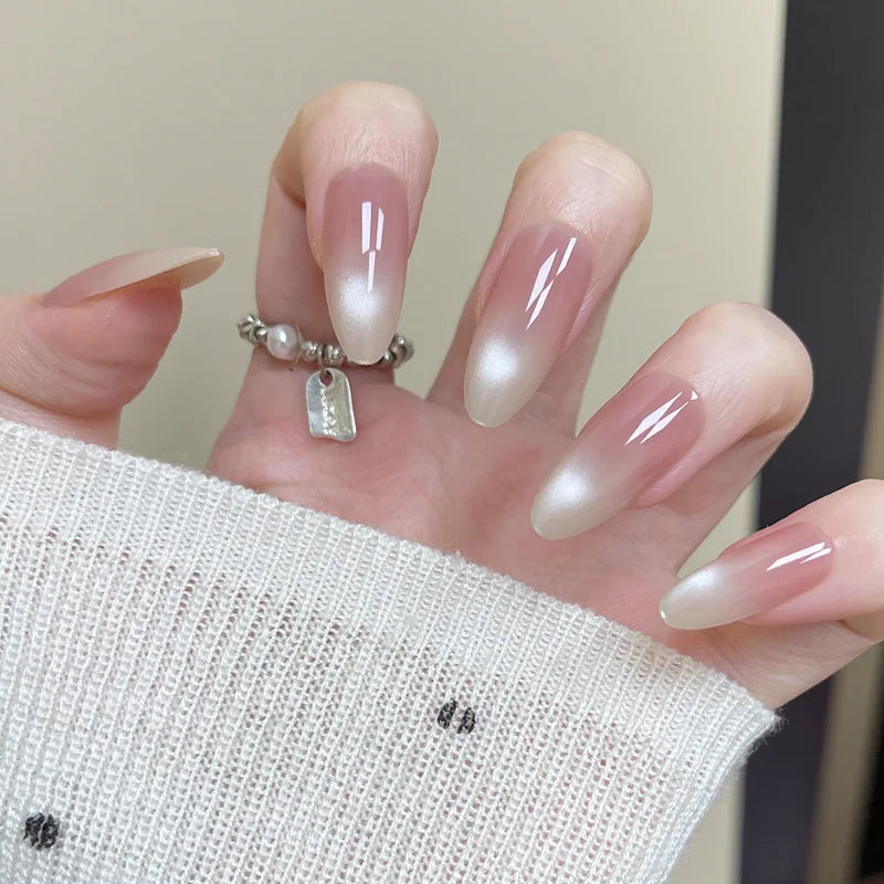 30PCS Green Gradient Handmade Almond Press on Nails Full Cover Simple Nude Color False Nails Glossy Nail Tips