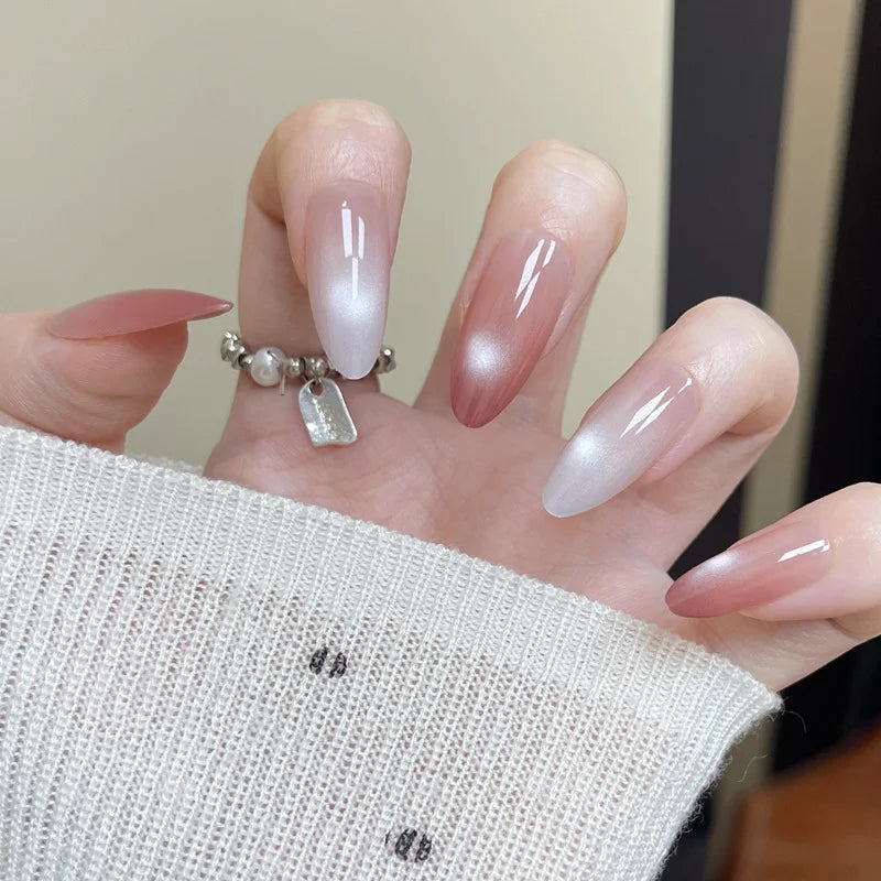 30PCS Green Gradient Handmade Almond Press on Nails Full Cover Simple Nude Color False Nails Glossy Nail Tips