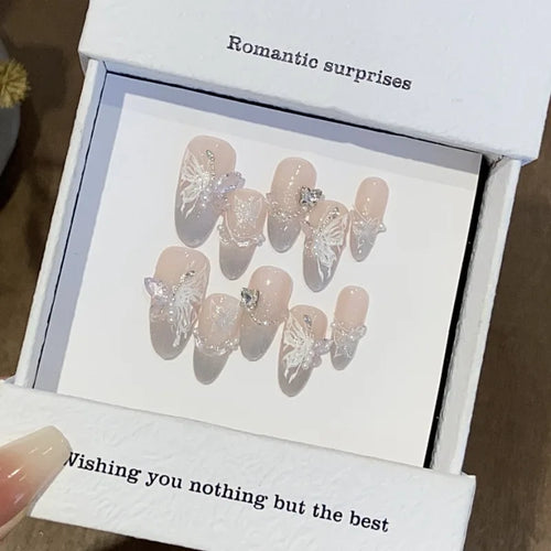 10PCS 3D Butterfly Handmade Oval Press on Nails Cat Eye Pink Gradient Glossy French Wearable Nails INS Style
