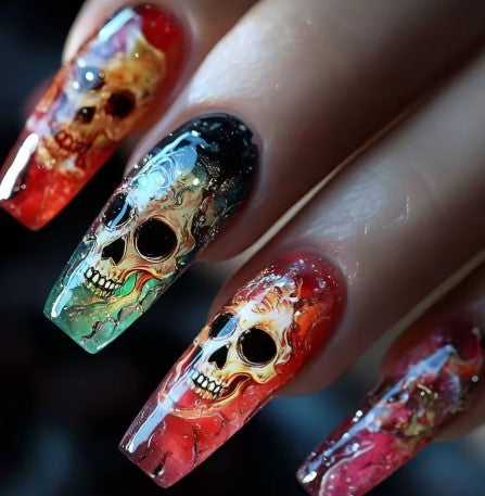 24PCS Dark Red Long Ballet False Nails with Glue Horror Skull Flower Pattern French Press on Nails Halloween Nail Art