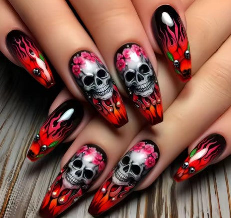 24PCS Dark Red Long Ballet False Nails with Glue Horror Skull Flower Pattern French Press on Nails Halloween Nail Art