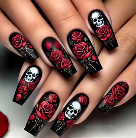 24PCS Dark Red Long Ballet False Nails with Glue Horror Skull Flower Pattern French Press on Nails Halloween Nail Art