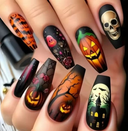 24PCS Dark Red Long Ballet False Nails with Glue Horror Skull Flower Pattern French Press on Nails Halloween Nail Art