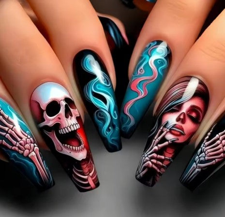 24PCS Dark Red Long Ballet False Nails with Glue Horror Skull Flower Pattern French Press on Nails Halloween Nail Art