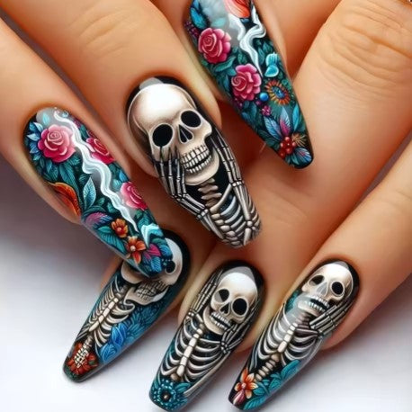 24PCS Dark Red Long Ballet False Nails with Glue Horror Skull Flower Pattern French Press on Nails Halloween Nail Art