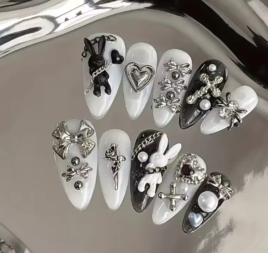 [5-Stars]10PCS personalized black and white nail art, rabbit and bow decoration - Gothic minimalist style,daily wear