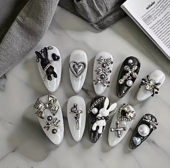 [5-Stars]10PCS personalized black and white nail art, rabbit and bow decoration - Gothic minimalist style,daily wear