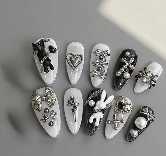 [5-Stars]10PCS personalized black and white nail art, rabbit and bow decoration - Gothic minimalist style,daily wear