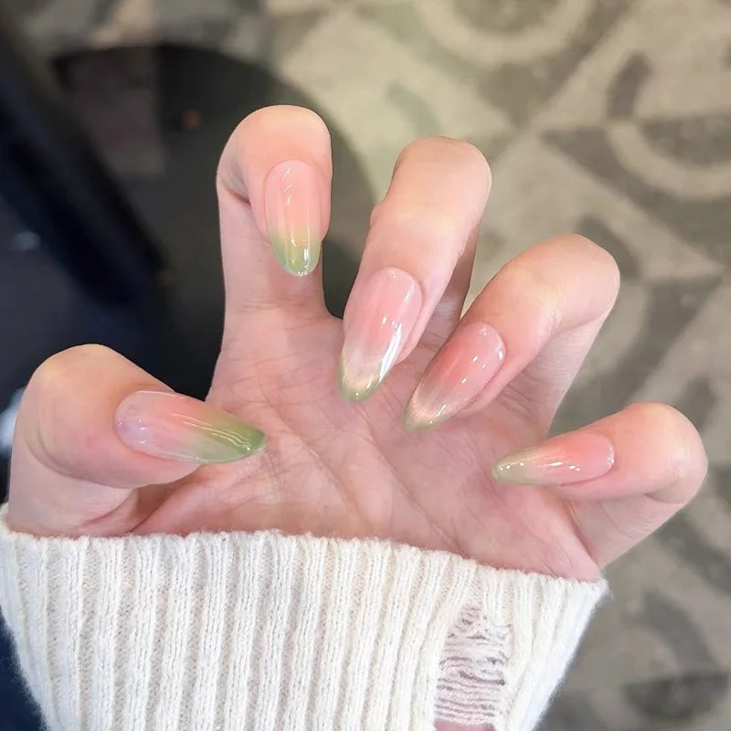 30PCS Green Gradient Handmade Almond Press on Nails Full Cover Simple Nude Color False Nails Glossy Nail Tips